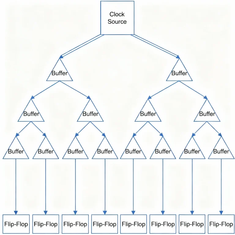 Clock tree synthesis showing buffers and balanced clock paths across standard cells”